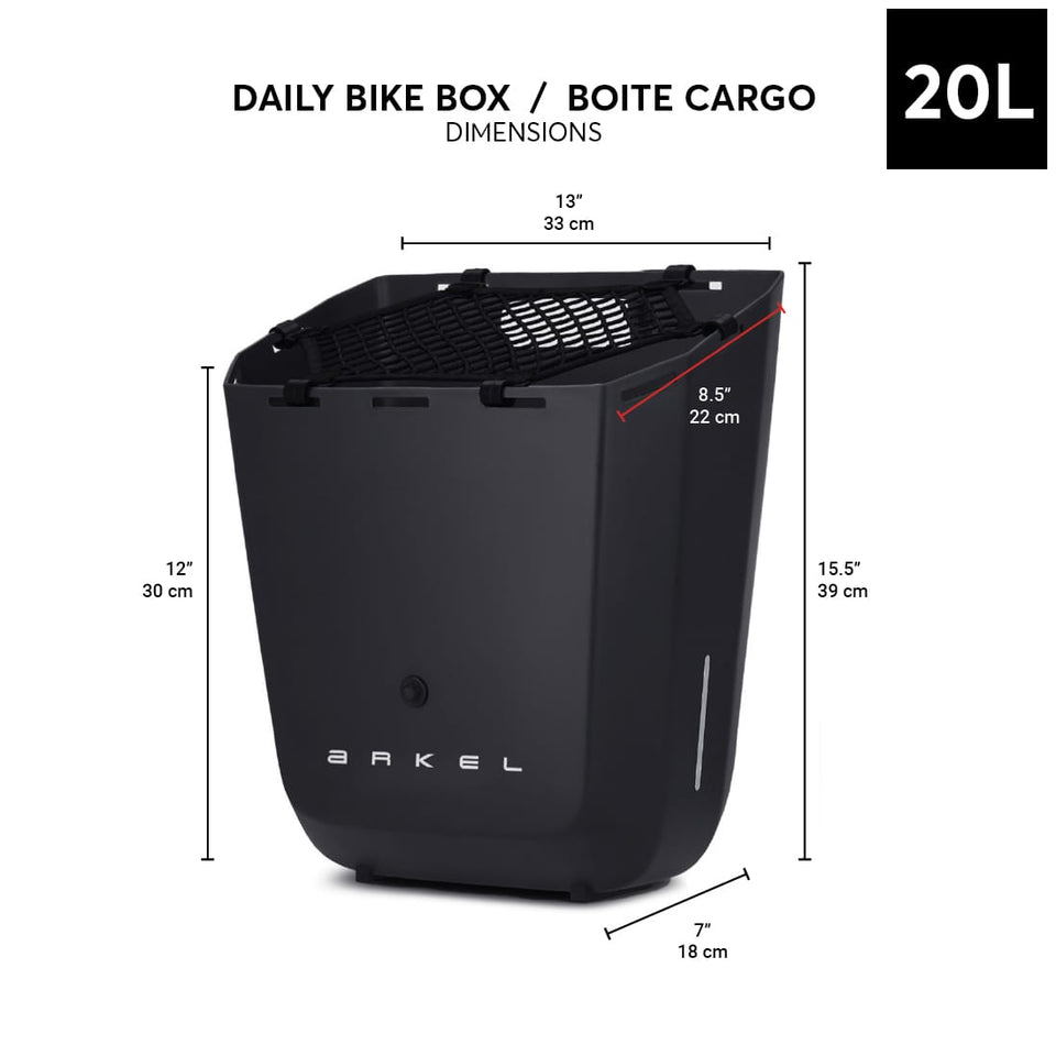 Arkel Daily Cargo Bike Box dimensions diagram with mesh cover
