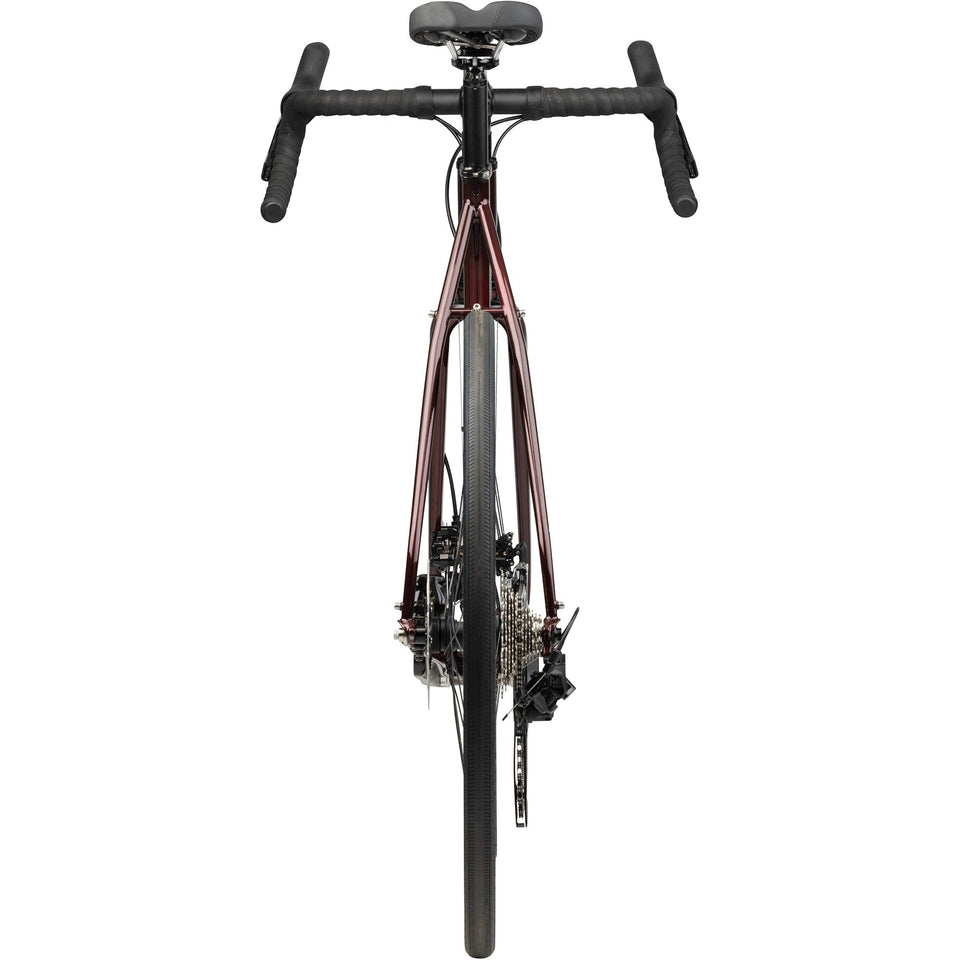 Surly Midnight Special bike in Black Cherry Fizz, straight-on rear view