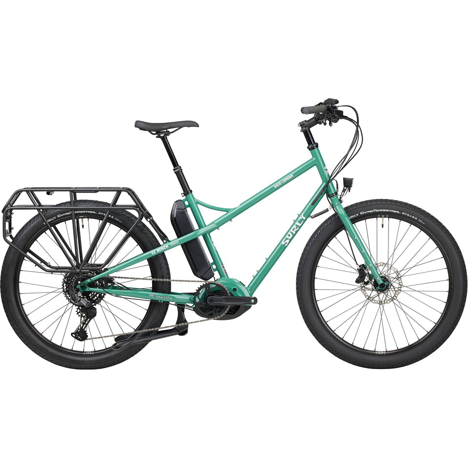 Surly Skid Loader electric cargo bike in Illegal Smile Green, side view